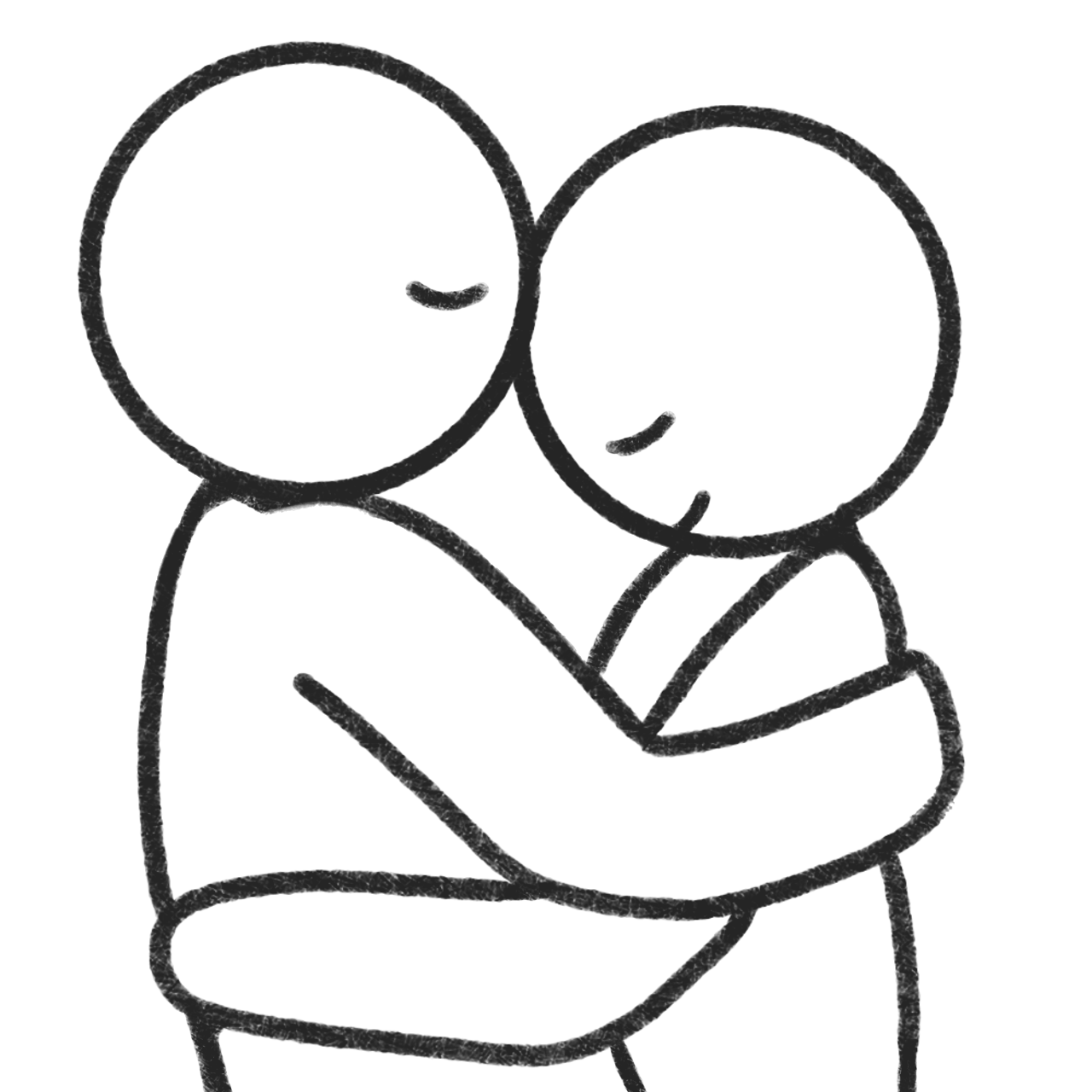 lineart of two figures hugging, the left one is kissing the right one on the forehead, while the one on the right is smiling.